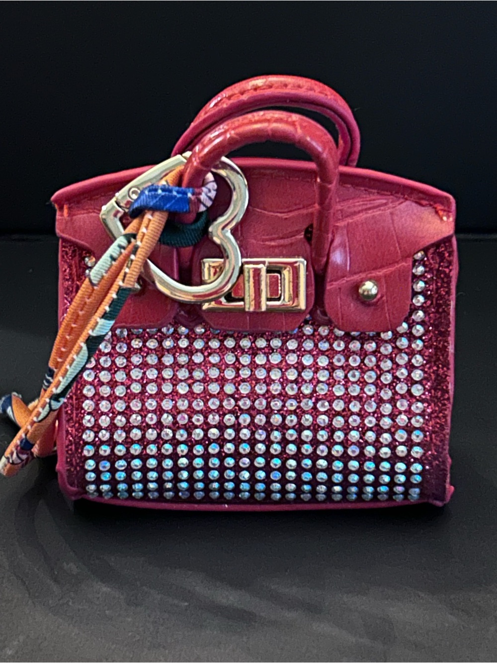 Red Faux Leather Crystal Bag Charm Mini Satchel w/Scarf & Gold Heart Clasp NWT